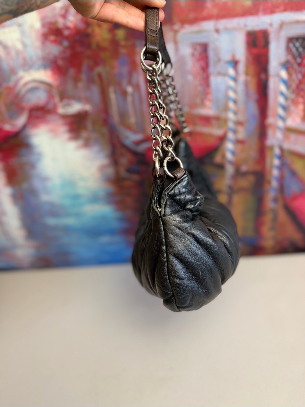 BCBGMaxAzria Black Ruched Leather Hobo with Chain-Strap - Picture 4 of 14